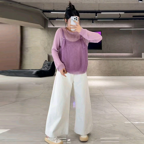 休闲假两件大码女装镂空针织衫