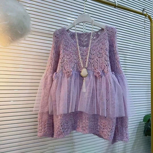 新款 立体花朵百搭雪纺衫 宽松洋气针织蕾丝衫 女装 显瘦大码 2025秋季