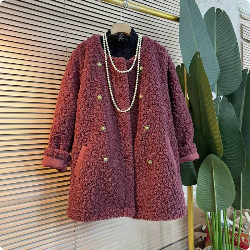 圆领羊羔毛中长款皮毛一体外套新