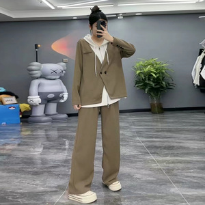 胖妹妹春季新款大码女装韩版慵懒风假两件连帽上衣阔腿裤两件套女