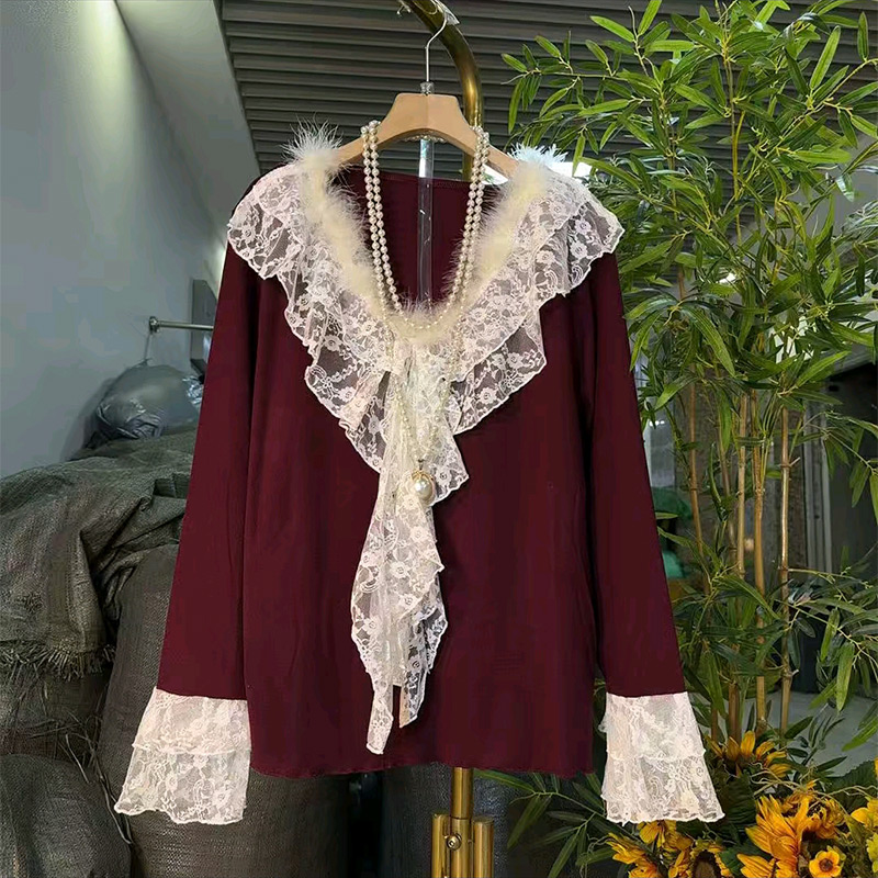 V领蕾丝花边长袖小衫上衣