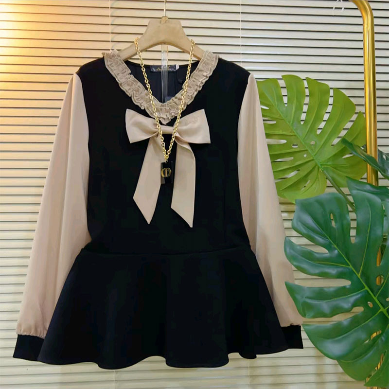 减龄拼接蝴蝶结V领打底衫上衣