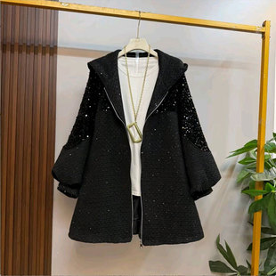 时尚 胖妹妹秋季 女装 大码 百搭宽松大衣连帽拼接高级感上衣外套 新款