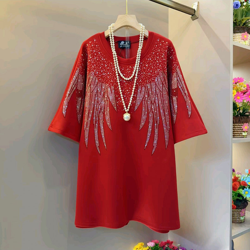 大码女装亮钻翅膀设计感短袖T恤