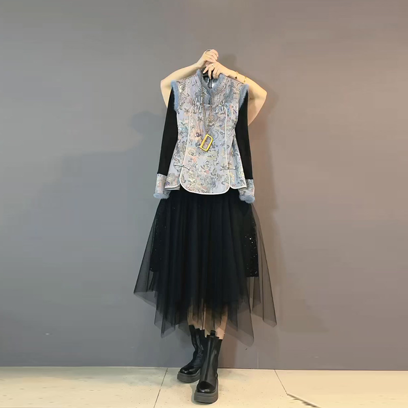 新中式国风马甲打底衫纱裙三件套