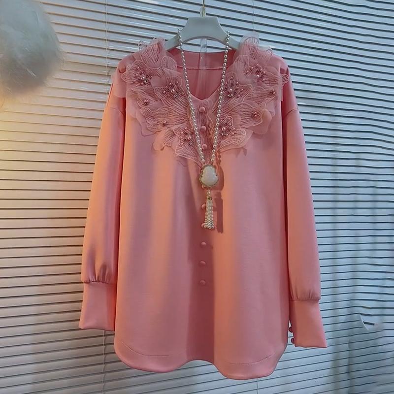 纯色加大码花瓣V领设计感上衣