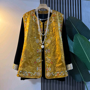 复古民族风刺绣马甲新款 打底衫 胖妹妹大码 国风马夹拼袖 女装 新中式