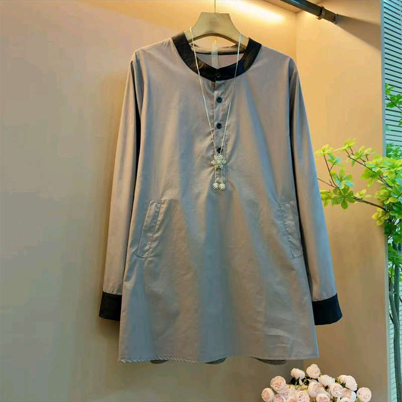 拼接圆领纽扣长袖衬衫