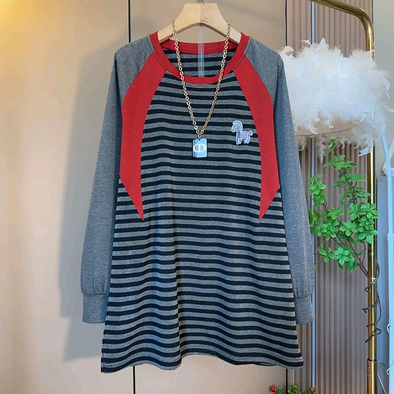 大码秋拼接条纹小马上衣中长款衫