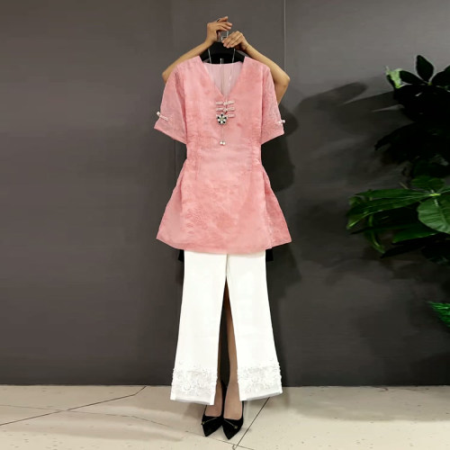 大码女装新中式复古风上衣花边裤