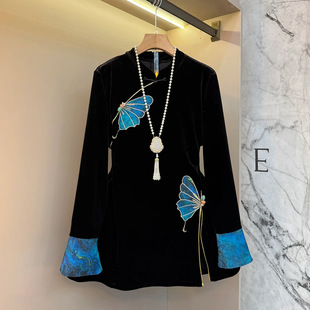 女装 2025新款 国风气质上衣大码 轻奢蝴蝶盘扣丝绒拼袖 胖妹妹新中式