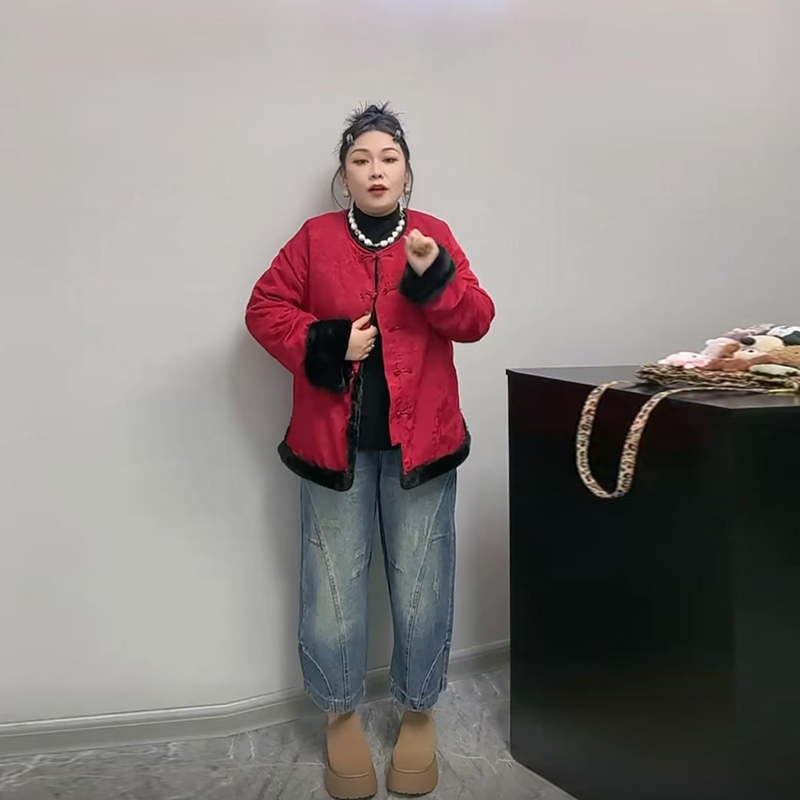 大码女装新中式提花棉服外套