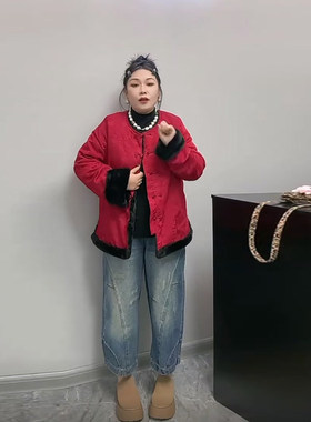 大码女装新中式提花棉服外套
