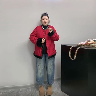 胖妹妹新中式 冬季 女装 休闲宽松外套大码 国潮提花锦缎派克棉服 新款