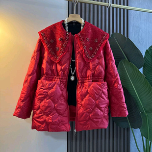 女装 钉钻娃娃领棉服减龄大码 收腰压格外套保暖棉衣潮 新款 2025冬季