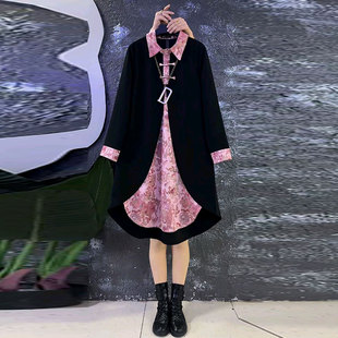 2026新款欧货减龄显瘦拼色国风衬衫裙大码女装胖mm设计感连衣裙爆