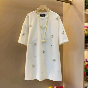 宽松百搭打底衫 胖妹妹欧货小众设计感花朵钻短袖 女装 大码 T恤新款