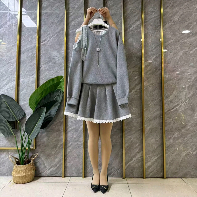 大码女装露肩蕾丝边卫衣A字裙两件套2026春季新款显瘦蝴蝶结上衣,女装/女士精品,大码套装,淘宝优惠券,粉丝福利购,淘宝优惠卷