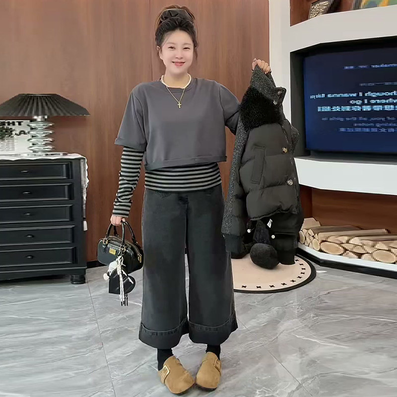 韩版大码女装假两件条纹上衣2026新款阔腿牛仔裤显瘦设计感小衫潮,女装/女士精品,大码内搭,淘宝优惠券,粉丝福利购,淘宝优惠卷