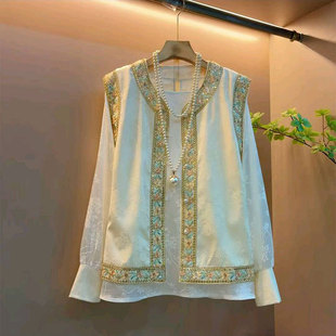 胖mm时尚 复古国风刺绣花边马甲打底衫 新中式 女装 两件套女 大码 新款