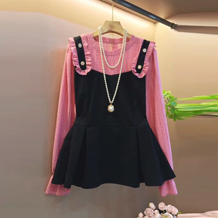 新款 韩系甜美风收腰显瘦小衫 胖MM时尚 女装 减龄假两件上衣大码 秋季