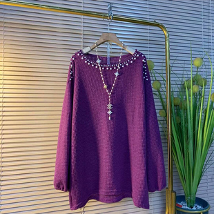新款 大衫 胖mm欧货时尚 针织长袖 钉珠镂空设计宽松遮肉圆领大码 秋季