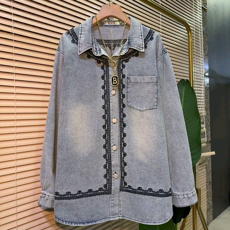 胖妹妹大码女装春季2026新款欧货重工艺刺绣洋气宽松百搭牛仔衬衫,女装/女士精品,大码内搭,淘宝优惠券,粉丝福利购,淘宝优惠卷