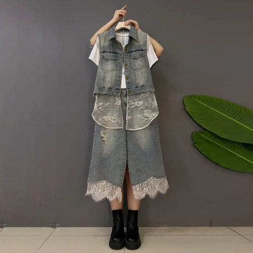 时尚蕾丝拼接牛仔马甲裤子两件套