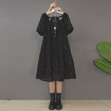胖妹妹2025夏季新款大码女装时尚亮闪闪宽松韩版泡泡袖显瘦连衣裙