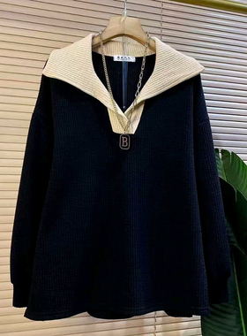 秋新款欧货时尚翻领撞色简约宽松遮肉女人衫大码女装胖mm休闲上衣