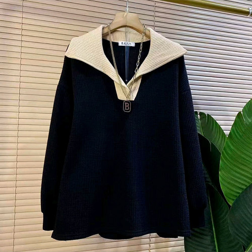 时尚翻领撞色简约宽松遮肉女人衫