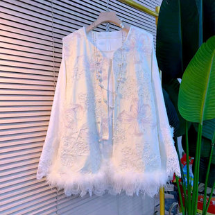 女装 大码 时尚 中式 胖妹妹秋季 复古风刺绣拼接毛毛马甲打底小衫 新款