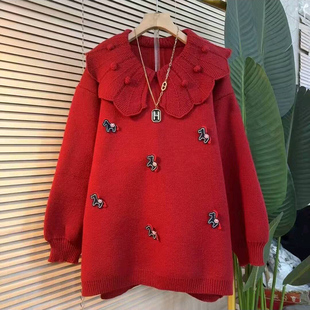 女装 毛衣大码 胖mm洋气减龄上衣新 娃娃领立体发财马针织衫 欧货时尚