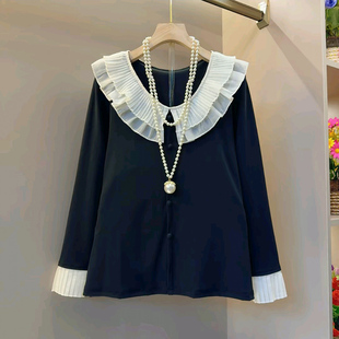 女装 木耳边领拼色小衫 长袖 新款 蕾丝拼接上衣胖MM显瘦百搭衬衫 大码