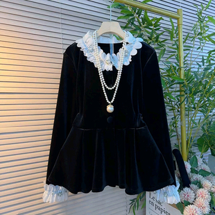 女装 冬季 胖MM大码 名媛风花朵订钻收腰显瘦设计减龄百搭丝绒衫 新款