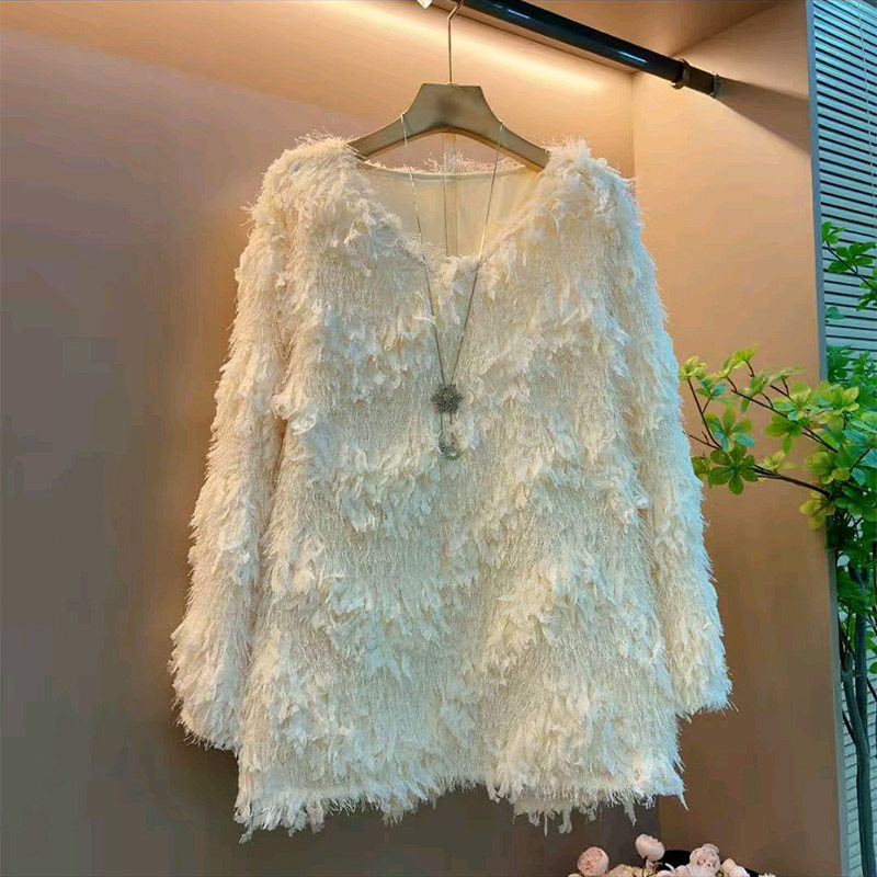 新款胖妹妹韩版轻奢流苏毛毛长袖上衣大码女装气质百搭宽松显瘦衫,女装/女士精品,大码内搭,淘宝优惠券,粉丝福利购,淘宝优惠卷