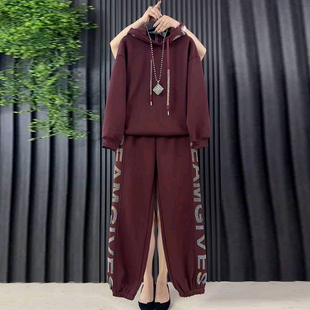 胖mm韩版 女装 时尚 简约烫钻字母休闲加绒连帽卫衣卫裤 新款 套装 大码