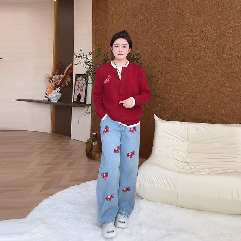 2026春季新款韩版时尚假两件小马毛衣大码女装新年小马休闲牛仔裤,女装/女士精品,大码内搭,淘宝优惠券,粉丝福利购,淘宝优惠卷
