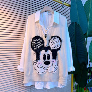 胖MM宽松秋冬季 韩版 女装 两件套显瘦上衣大码 卡通针织马甲衬衫