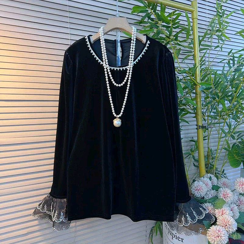 胖妹妹设计感刺绣荷叶袖亮钻圆领女人衫2026新款大码女装气质上衣,女装/女士精品,大码内搭,淘宝优惠券,粉丝福利购,淘宝优惠卷