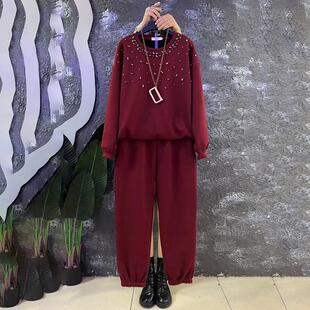 女装 胖MM休闲加大码 两件套 显瘦简约卫衣卫裤 重工镶钻宽松加绒套装