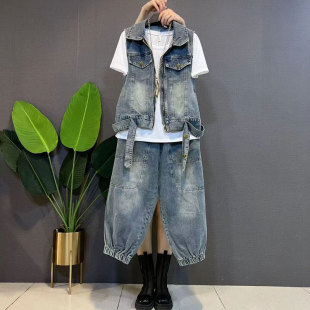 女装 大码 欧货胖妹妹韩版 休闲百搭牛仔马甲束脚八分裤 春季 套装 新款