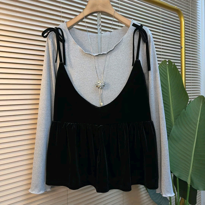 韩版系绳丝绒背心飞边打底衫套装