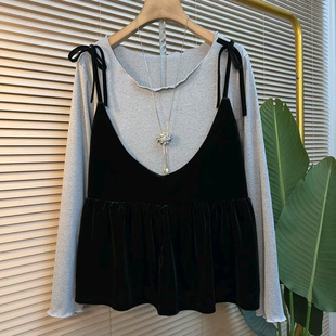韩版 飞边打底衫 系绳丝绒背心大码 胖mm时尚 洋气两件套 女装 早秋新款