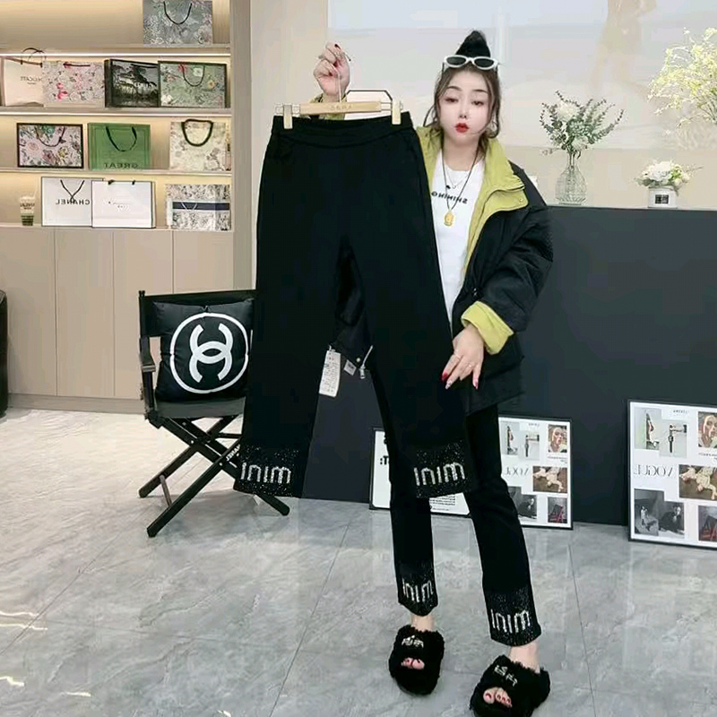 秋冬大码女装镶钻高弹高腰烟管裤