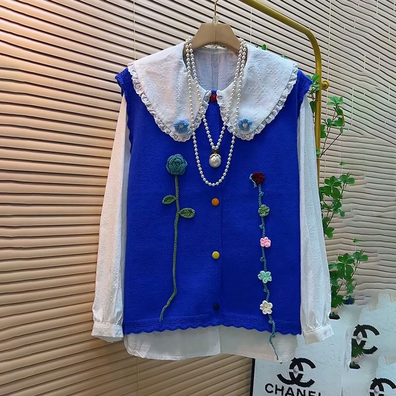 针织马甲开衫大码娃娃领衬衫套装