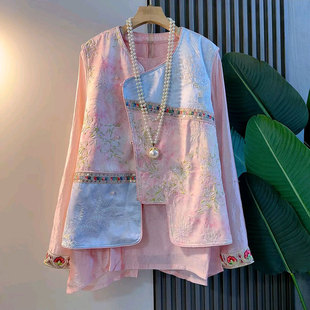 新中式 女装 拼接马甲打底衫 马夹上衣百搭遮肉春季 国风时尚 新款 大码