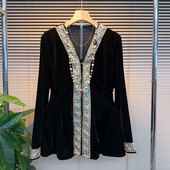 时尚 大码 气质新中式 新款 V领修身 丝绒小衫 女装 胖mm刺绣花边上衣女