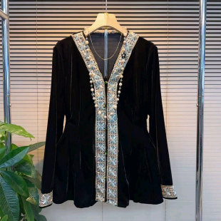 V领修身 气质新中式 丝绒小衫 大码 胖mm刺绣花边上衣女 新款 女装 时尚