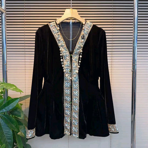 时尚气质新中式V领修身丝绒小衫